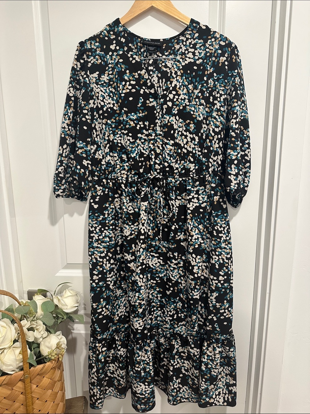Printed Black Floral Tie-Waist Midi Dress